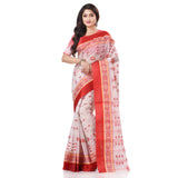 dB DESH BIDESH Women`s Traditional Bengal Phulkoli Woven Design Pure Handloom Cotton Saree Without Blouse Piece White Red