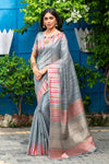 NK Textiles Women's Ikat Woven Tussar Silk Saree with Tassels
