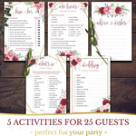 Bridal Shower Games - 5 Activities for 25 Guests - Double Sided Games - Rose Gold