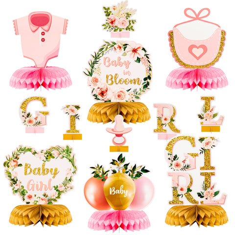 12Pcs Spring Floral Baby Shower Party Honeycomb Table Centerpiece Baby in Bloom Table Display with Letters Gender Reveal Decoration Arrangement Favor Block Holder for Girl Birthday