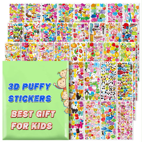 Stickers for Kids, 3D Puffy Stickers, 64 Different Sheets, 3200+ Stickers, Including Animals, Cars, Airplane, Food, Letters, Flowers, Pets, Cakes and Tons More Puffy 01