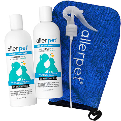 Allerpet Dog Allergy Relief w/Free Applicator Mitt & Sprayer - Best Pet Dander Remover for Allergens - for Canine Dry Skin Treatment - Good for Fur & Skin - 2 Pack (12oz) 2 Pack w/ Applicator Mitt + Sprayer
