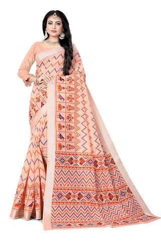 DHRUVI TRENDZ Women's Cotton Silk Printed Banarasi Patola Silk Blend saree women with Blouse Piece (Orange)