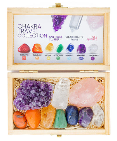 CRYSTALYA Travel Chakra Crystals and Healing Stones in Wooden Gift Box + 50pg EBOOK – 7 Chakra Tumbled Gemstones, Amethyst Crystal, Rose Quartz, Quartz Crystal Point, Stone Guide, Made in U.S.A. Chakra Travel Collection
