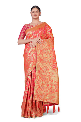 Monjolika Fashion Women's Banarasi Silk Peach Color Golden Zari Woven Saree With Separate Embellished And Unsttiched Blouse Piece