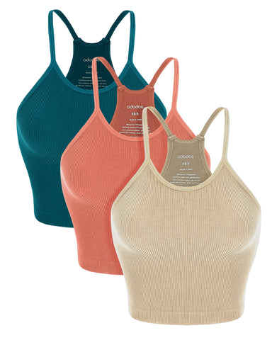 ODODOS Women's Crop 3-Pack Washed Seamless Rib-Knit Camisole Crop Tank Tops 1beige+coral+teal (Long Crop) Medium-Large