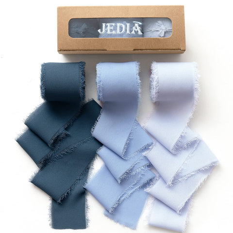 JEDIA Chiffon Ribbon, 3 Rolls Dusty Blue Handmade Fringe Chiffon Silk Ribbons, 1.5" x 7Yd Ribbon Set for Wedding Invitations, Bouquet Wrap, Bridal Bouquets, DIY Crafts Blue shade 3 Rolls, 1.5*21YD
