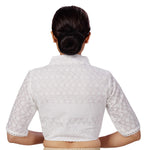 Studio Shringaar Women's Cotton Elbow Length Sleeves Chikankari Saree Blouse with Glass Neck