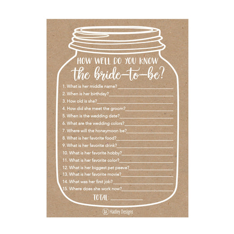 25 Cute Rustic How Well Do You Know The Bride Bridal Wedding Shower or Bachelorette Party Game, Who Knows The Best Does The Groom? Couples Guessing Question Set of Cards Pack Unique Printed Engagement