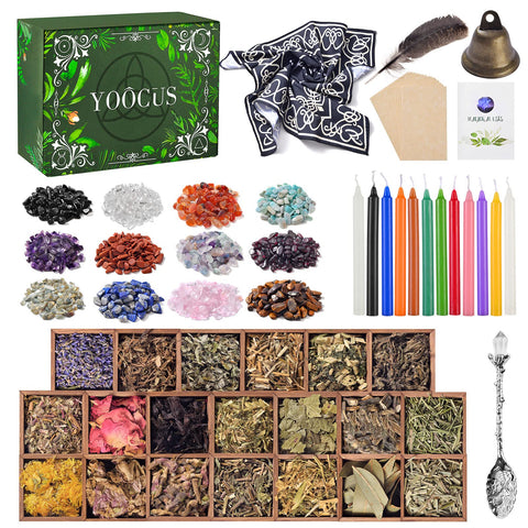Witchcraft Supplies Kit for Wiccan Spells 69 Packs of Dried Herbs Healing Crystals and Colored Magic Spiritual Candles Parchments for Beginners Experienced Witches Pagan Spell Witchy Gifts Altar 69 Pcs