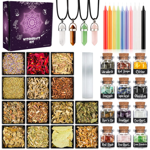 41PCS Witchcraft Supplies Kit Box for Witch Altar - Crystals Spell Jars for Witches - Herbs for Witchcraft - Spell Candles and Pendulum for Wiccan - Beginner Witch Kit - Witchy Gift for Women (41PCS)