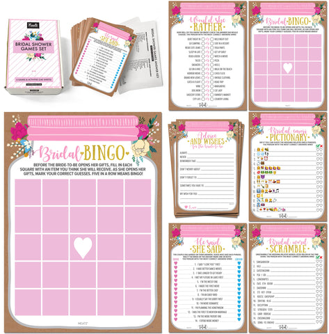 Neatz Bridal Shower Games, 240 Pieces Huge Set, 6 Games For 40 Guests - Pink Mason Jar Design to Match Your Bridal Shower Decorations - Wedding Shower Games, Wedding Games, Wedding Shower Decorations