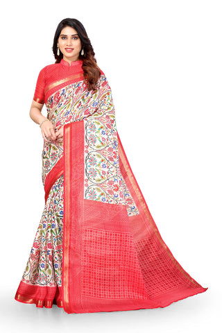 MIRCHI FASHION Women's Fancy Penny Cotton Blend Kalamkari Printed Saree with Blouse Piece