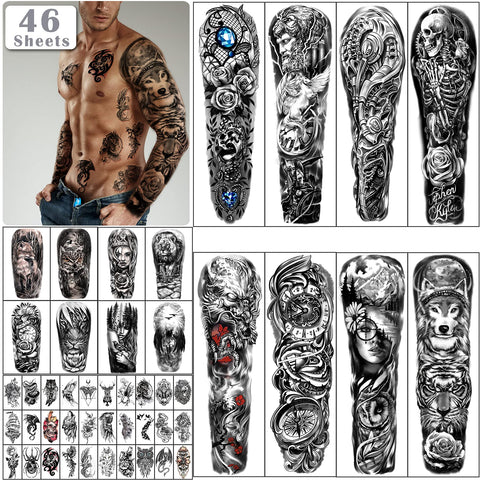 46 sheets Full Arm Skull Temporary Tattoos For Men Half Arm Shoulder Angel Tattoo for Ladies Fake Waterproof Wolf Lion Stone Tattoo Stickers For Adult or Kids