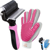 Dog Brush and Cat Brush-with Deshedding Brush, Dog Dematting Tools and 2 Side Shedding Brush Glove, Reduce Shedding Up To 95%, Work Great for Short to Long Hair, and Large Breeds by Ozark Pet (Pink L) Pink
