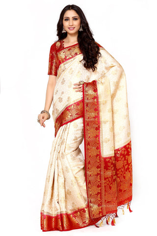 MIMOSA Women's Art Silk Saree Kanjivaram Style Color : Beige