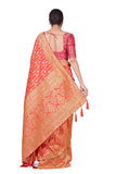 Monjolika Fashion Women's Banarasi Silk Peach Color Golden Zari Woven Saree With Separate Embellished And Unsttiched Blouse Piece