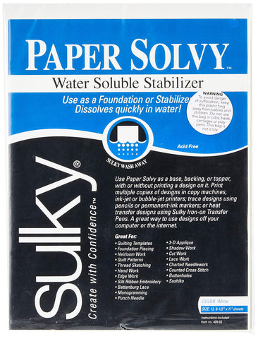 Sulky Paper Solvy Water Soluble Fabric stabilizer, 8, White