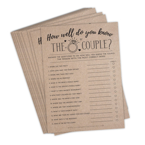 How Well Do You Know The Couple-Kraft 50 Pack Rustic Bridal Wedding Shower or Bachelorette Party Game, Who Knows The Couples Guessing Question Pack Engagement Heavy Cardstock
