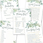 Baby Shower Games - 5 Activities for 50 Guests - Double Sided Games - Eucalyptus