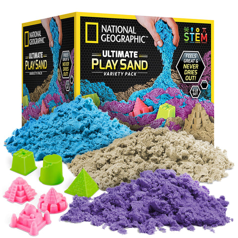 NATIONAL GEOGRAPHIC 6 Lb. Play Sand Combo Pack - 2 Lbs. Each of Blue, Purple and Natural Sand with Castle Molds - A Fun Sensory Activity