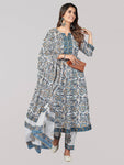 Vbuyz Women's Printed & Sequience & Gota Patti Anarkali Cotton Blend Blue Stitched Kurta Pant with Dupatta