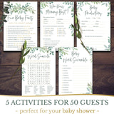 Baby Shower Games - 5 Activities for 50 Guests - Double Sided Games - Eucalyptus